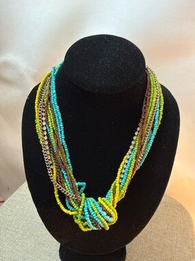 Turquoise & Lime Multistrand Beaded Knot Necklace